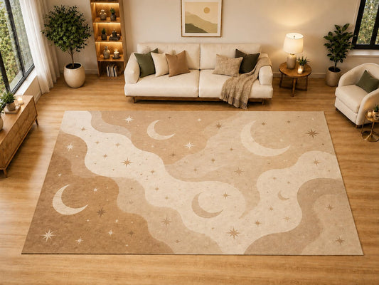 ICE ARMOR "Ultra Light Weight Large 6'7" x 9'10" Celestial Moon Stars Area Rug for Living Room, Bedroom, Dining Room, Soft Low Pile Non-Slip Backing, Tan Cream