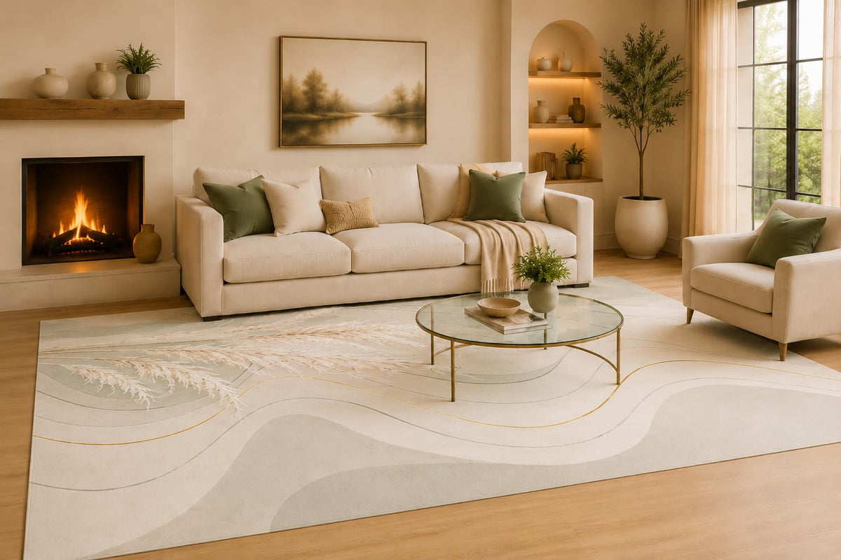 ICE ARMOR Large 6'7" x 9'10" Cream and Sage Green Botanical Wave Area Rug for Living Room, Soft Low Pile Carpet with Non-Slip Silicone Backing, Decor for Bedroom and Home Office