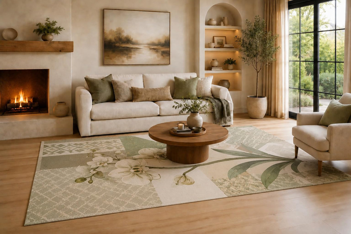 ICE ARMOR Large 6'7" x 9'10" Ivory, Sage Green and Taupe Orchid Panels Area Rug for Living Room, Soft Low Pile Carpet with Non-Slip Silicone Backing, Decor for Bedroom, Dining Area and Home Office