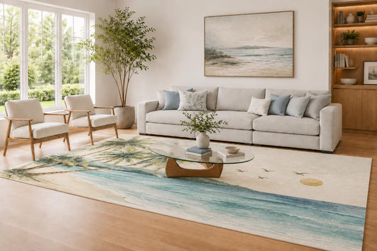 ICE ARMOR Large 6'7" x 9'10" Aqua and Cream Palm Shore Area Rug for Living Room, Soft Low Pile Carpet with Non-Slip Silicone Backing, Decor for Bedroom and Home Office