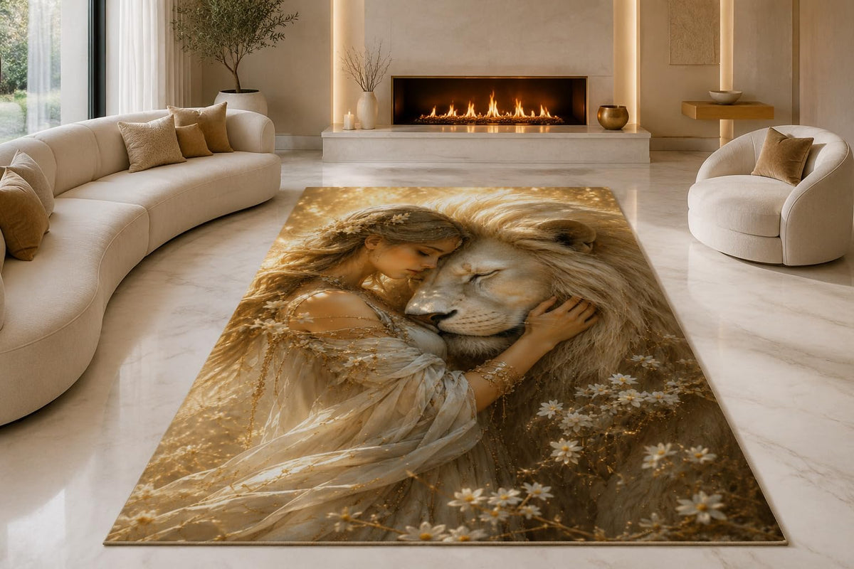 ICE ARMOR "Ultra Lightweight Large 6'7" x 9'10" Woman Embracing Lion Area Rug for Living Room, Bedroom and Home Office, Soft Low Pile Carpet with Non-Slip Silicone Backing, Cream and Brown