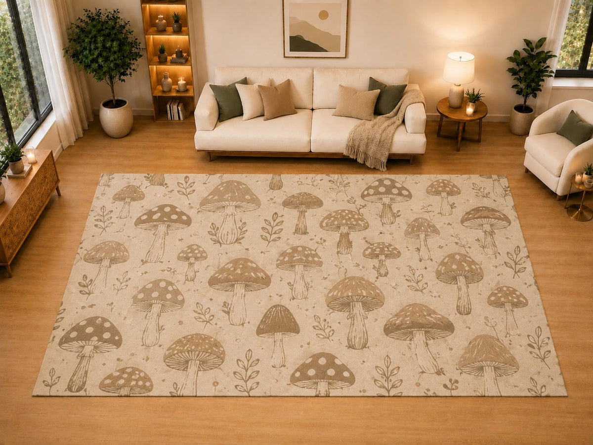 ICE ARMOR "Ultra Light Weight Large 6'7" x 9'10" Woodland Mushroom Sketch Area Rug for Living Room, Bedroom, Dining Room, Soft Low Pile Non-Slip Backing, Khaki Cream