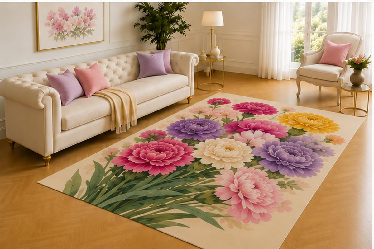 ICE ARMOR 5' x 7' Dahlia Bouquet Rug, Pink, Purple, White and Yellow Layered Blooms with Green Leaves, Refined Accent for Bedroom, Formal Living Room or Office
