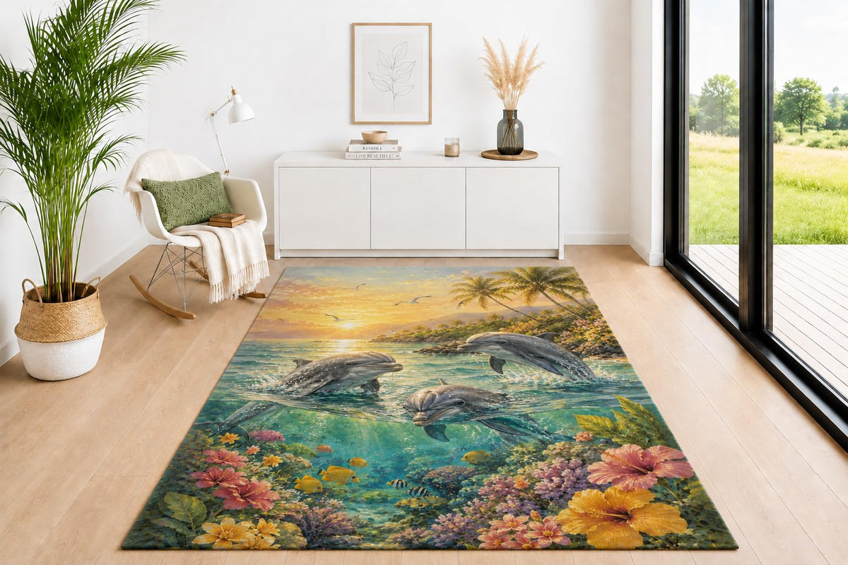 ICE ARMOR 5' x 7' Tropical Dolphin Ocean Area Rug, Soft Low Pile Non-Slip Indoor Carpet with Coastal Beach Marine Life Design for Living Room, Bedroom, Office, Dining Room