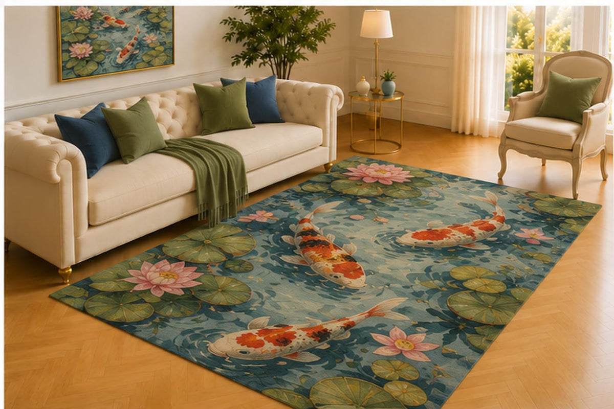 ICE ARMOR 5' x 7' Koi Pond Rug, Graceful Fish Swimming Among Lotus Flowers and Lily Pads, Serene Floor Decor for Living Room, Bedroom or Meditation Area