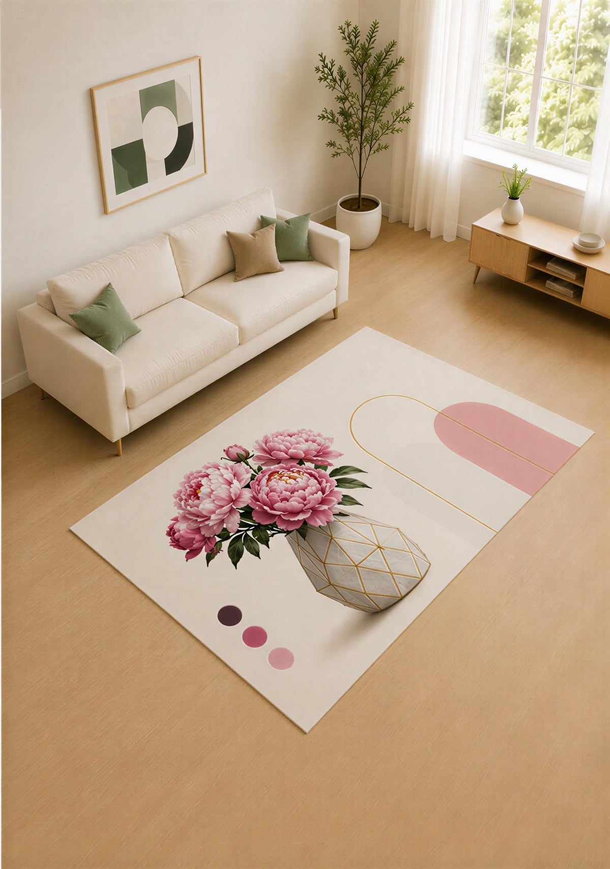 ICE ARMOR 5' x 7' Pink and Ivory Peony Vase Area Rug for Living Room, Soft Low Pile Carpet with Non-Slip Silicone Backing, Decor for Bedroom and Home Office