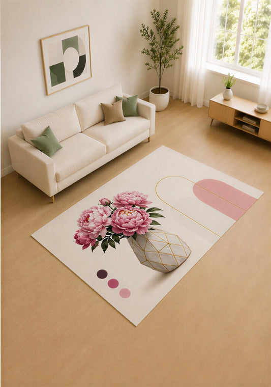 ICE ARMOR 5' x 7' Pink and Ivory Peony Vase Area Rug for Living Room, Soft Low Pile Carpet with Non-Slip Silicone Backing, Decor for Bedroom and Home Office