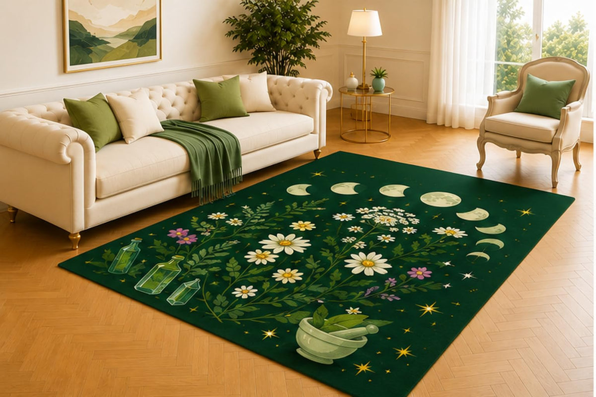 ICE ARMOR 5' x 7' Lunar Apothecary Rug, Moon Phases, Wild Daisies, Glass Bottles and Mortar on Emerald Green, Enchanted Floor Covering for Studio, Library or Guest Room