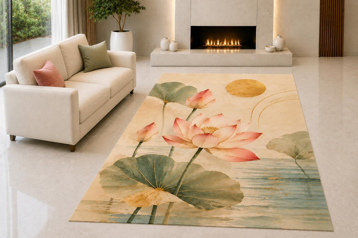 ICE ARMOR "Ultra Light Weight 5' x 7' Lotus Sunrise Pond Area Rug for Living Room, Bedroom and Home Office, Soft Low Pile Carpet with Non-Slip Silicone Backing, Pink and Beige