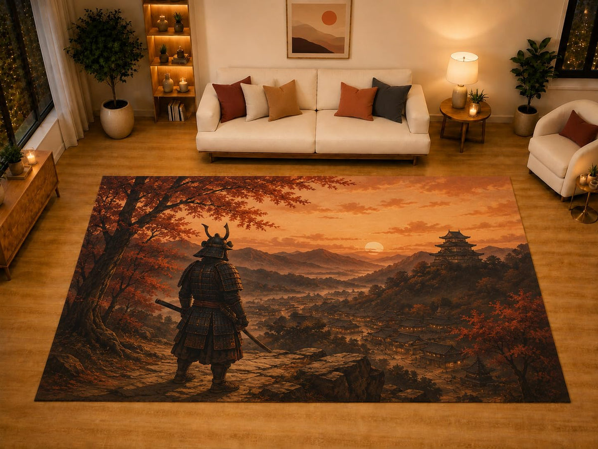 ICE ARMOR "Ultra Light Weight Large 6'7" x 9'10" Autumn Castle Warrior Area Rug for Living Room Bedroom Dining Area, Soft Low Pile Non-Slip Backing, Orange Black Red Japanese Inspired Decor
