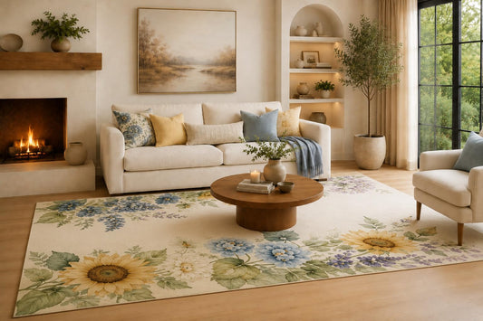 ICE ARMOR Large 6'7" x 9'10" Blue and Cream Sunflower Daisy Bouquet Area Rug for Living Room, Soft Low Pile Carpet with Non-Slip Silicone Backing, Decor for Bedroom and Home Office