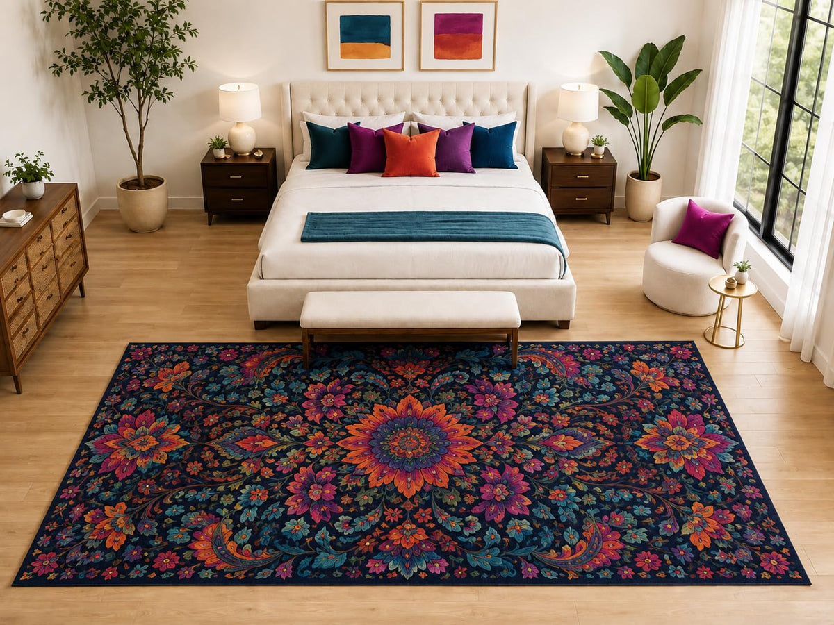ICE ARMOR "Ultra Light Weight Large 6'7" x 9'10" Dark Boho Floral Rug, Soft Low Pile Indoor Rug, Non-Slip Silicone Backing for Bedroom Navy