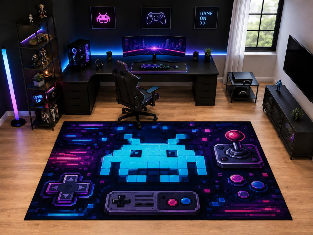 ICE ARMOR "Ultra Light Weight Large 6'7" x 9'10" Pixel Space Gaming Area Rug for Kids Room Playroom, Soft Low Pile Indoor Rug and Non-Slip Silicone Backing, Black