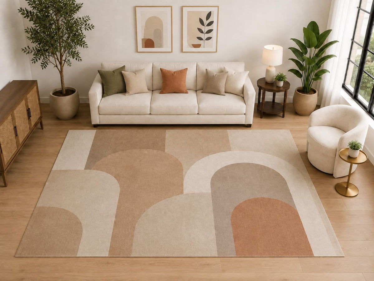 ICE ARMOR "Ultra Light Weight Large 6'7" x 9'10" Mid Century Arch Area Rug, Soft Low Pile Indoor Rug and Non-Slip Silicone Backing for Living Room and Bedroom, Beige
