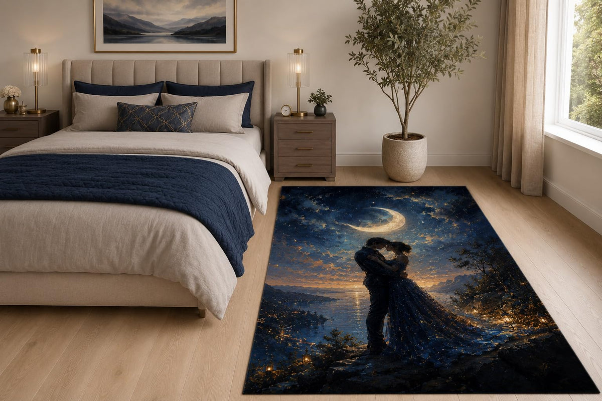 ICE ARMOR "Ultra Light Weight 5' x 7' Moon Lovers Area Rug for Living Room, Bedroom and Home Office, Soft Low Pile Carpet with Non-Slip Silicone Backing, Navy and Golden Color