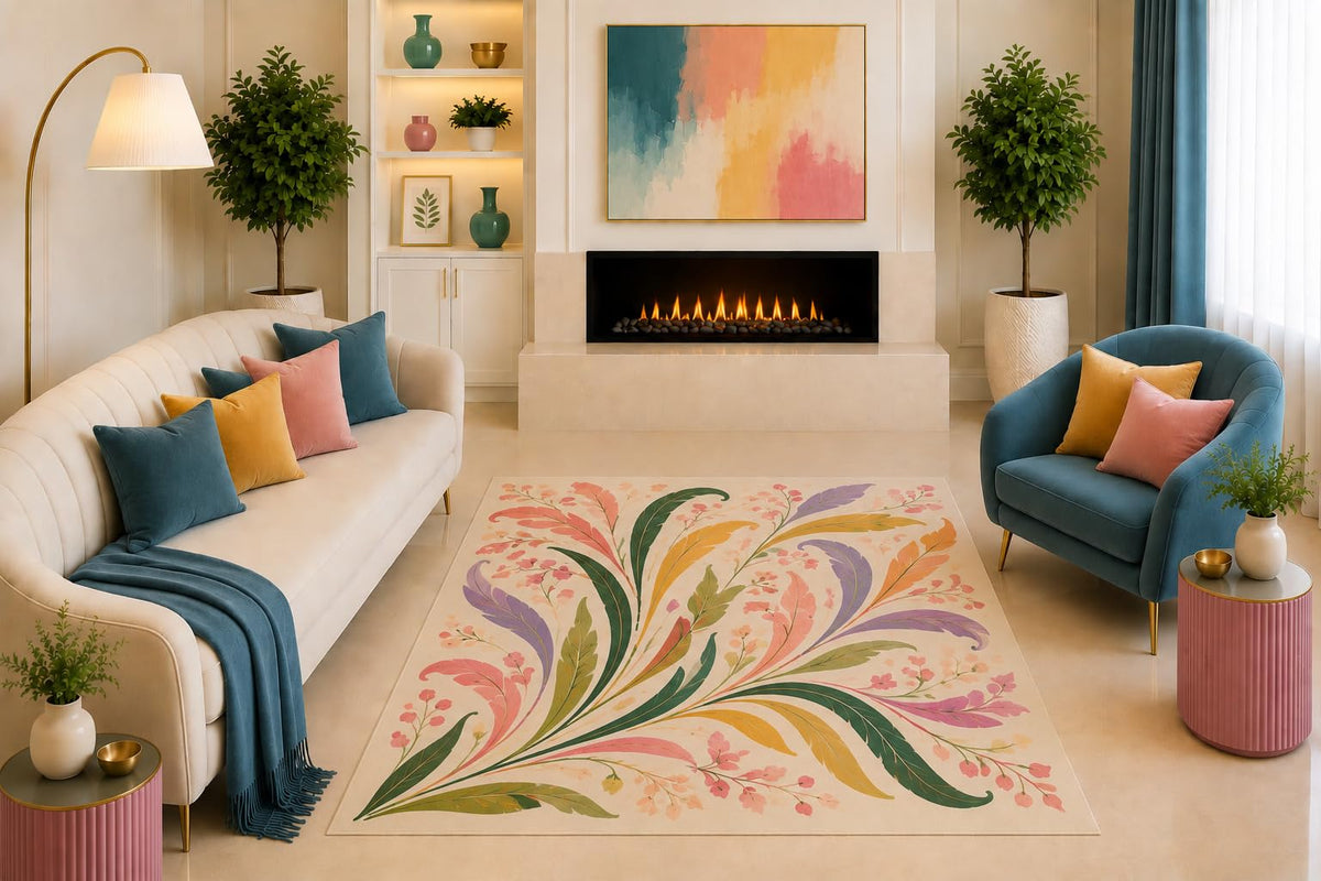 ICE ARMOR "Ultra Light Weight 5' x 7' Pastel Floral Leaf Area Rug Watercolor Botanical Branch Art for Living Room Bedroom Nursery Entryway Office Non-Slip Silicone Backing Low Pile