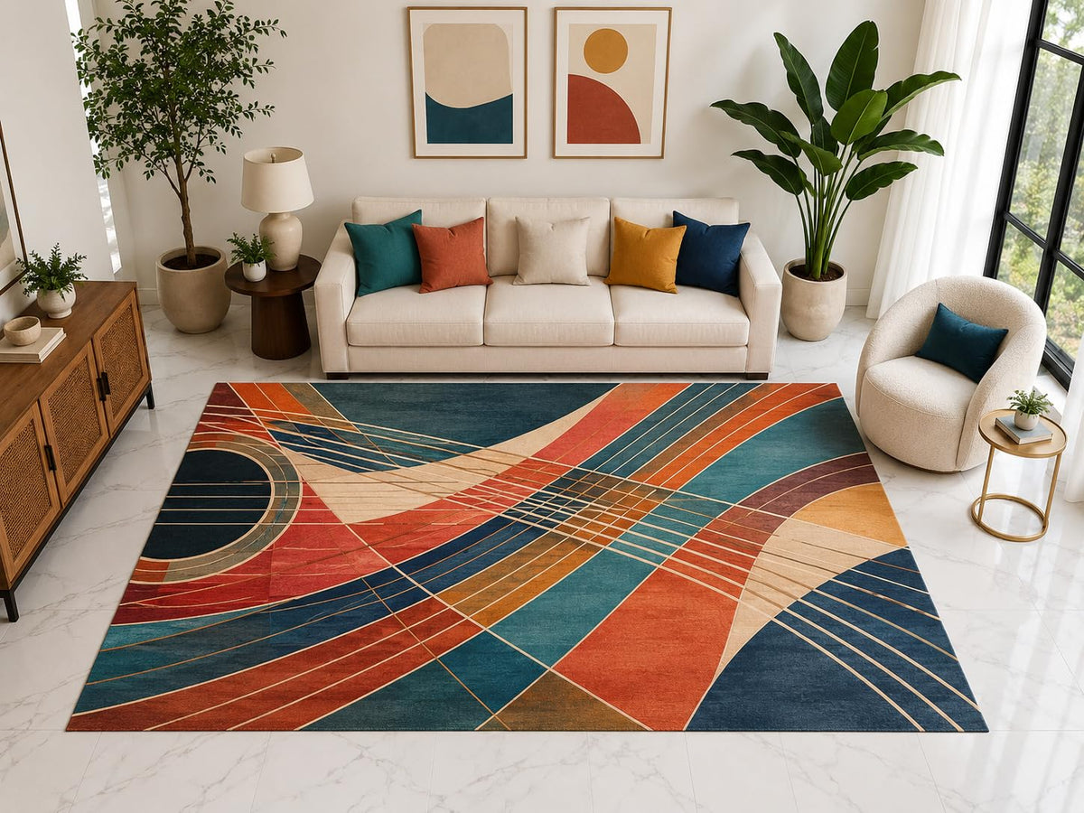 ICE ARMOR "Ultra Light Weight Large 6'7" x 9'10" Abstract Guitar Strings Rug, Soft Low Pile Indoor Rug, Non-Slip Silicone Backing for Bedroom Teal