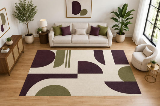 ICE ARMOR Large 6'7" x 9'10" Mid Century Geometric Arc Area Rug for for Bedroom, Living Room, Soft Low Pile Indoor Rug with Non-Slip Silicone Backing, Ivory Plum Olive