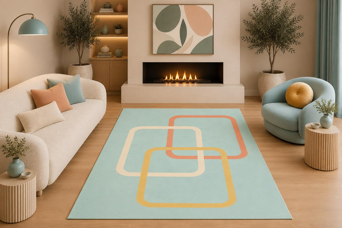 ICE ARMOR 5' x 7' Mid Century Modern Geometric Area Rug Light Blue Coral Yellow Interlocking Squares for Living Room Bedroom Nursery Non-Slip Silicone Backing Low Pile