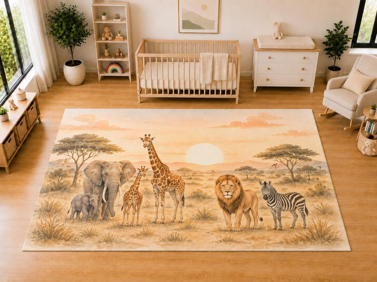 ICE ARMOR "Ultra Light Weight Large 6'7 x 9'10 African Safari Animals Area Rug for Kids Room Nursery Playroom Soft Low Pile Indoor Carpet Wildlife Floor Decor