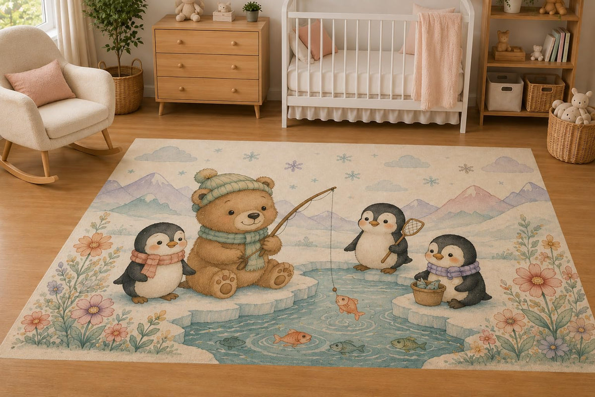 ICE ARMOR 5' x 7' Winter Bear and Penguin Fishing Area Rug for Nursery, Soft Low Pile Indoor Rug with Non-Slip Silicone Backing, Kids Room, Playroom, Kids & Pets, Blue Beige