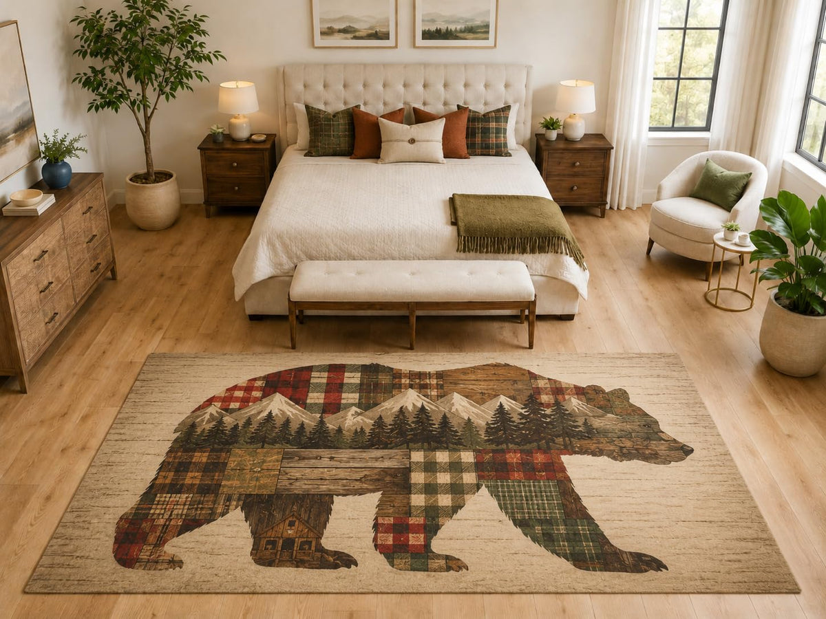 ICE ARMOR "Ultra Light Weight Large 6'7" x 9'10" Patchwork Bear Area Rug, Soft Low Pile Indoor Rug, Non-Slip Silicone Backing, Bedroom, Beige