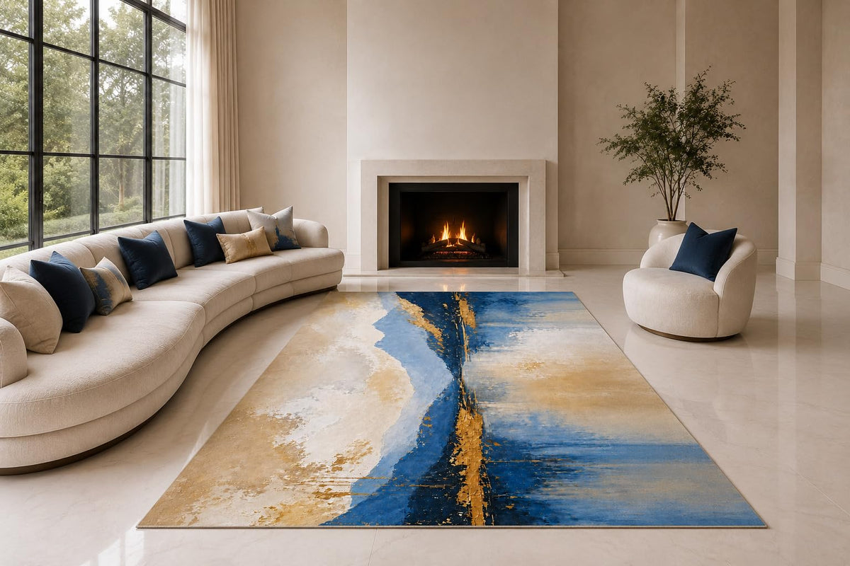 ICE ARMOR "Ultra Lightweight Large 6'7" x 9'10" Coastal Color Divide Area Rug for Living Room, Bedroom and Home Office, Soft Low Pile Carpet with Non-Slip Silicone Backing, Blue and Beige