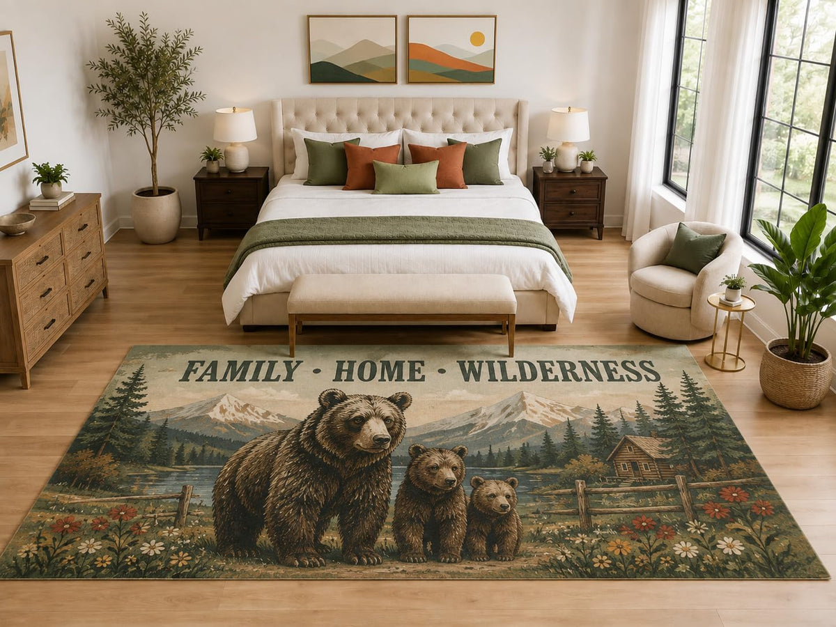 ICE ARMOR "Ultra Light Weight Large 6'7" x 9'10" Bear Family Wilderness Rug, Soft Low Pile Indoor Rug, Non-Slip Silicone Backing, Living Room Green