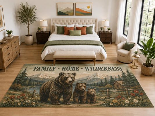 ICE ARMOR "Ultra Light Weight Large 6'7" x 9'10" Bear Family Wilderness Rug, Soft Low Pile Indoor Rug, Non-Slip Silicone Backing, Living Room Green