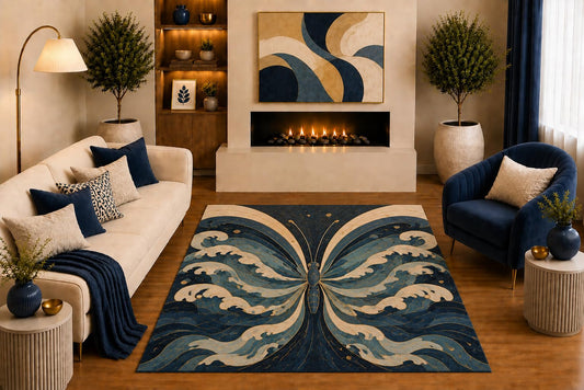 ICE ARMOR "Ultra Light Weight 5' x 7' Butterfly Ocean Wave Area Rug Japanese Inspired Coastal Art in Navy Blue Cream for Living Room Bedroom Office Non-Slip Silicone Backing Low Pile