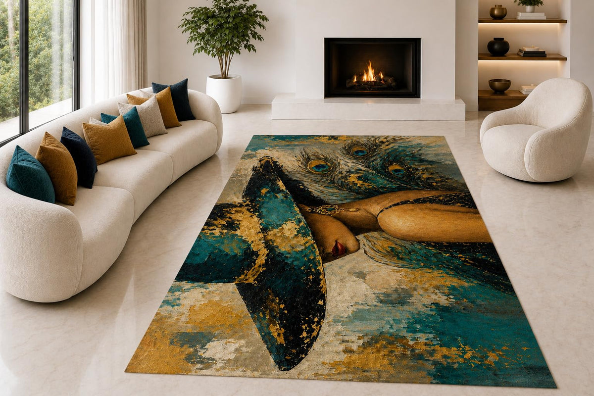ICE ARMOR "Ultra Lightweight Large 6'7" x 9'10" Peacock Woman Area Rug for Living Room, Bedroom and Home Office, Soft Low Pile Carpet with Non-Slip Silicone Backing, Teal and Golden Color