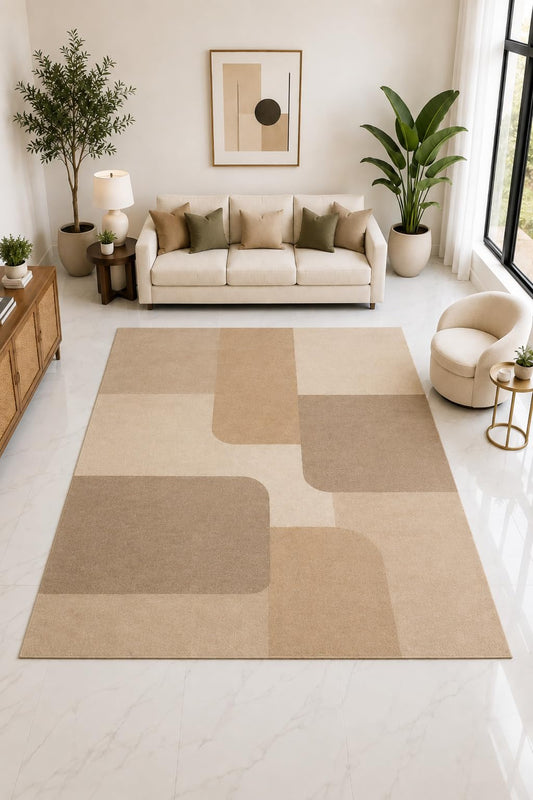 ICE ARMOR "Ultra Light Weight Large 6'7" x 9'10" Rounded Block Geometric Rug, Soft Low Pile Indoor Rug, Non-Slip Silicone Backing Living Room Beige