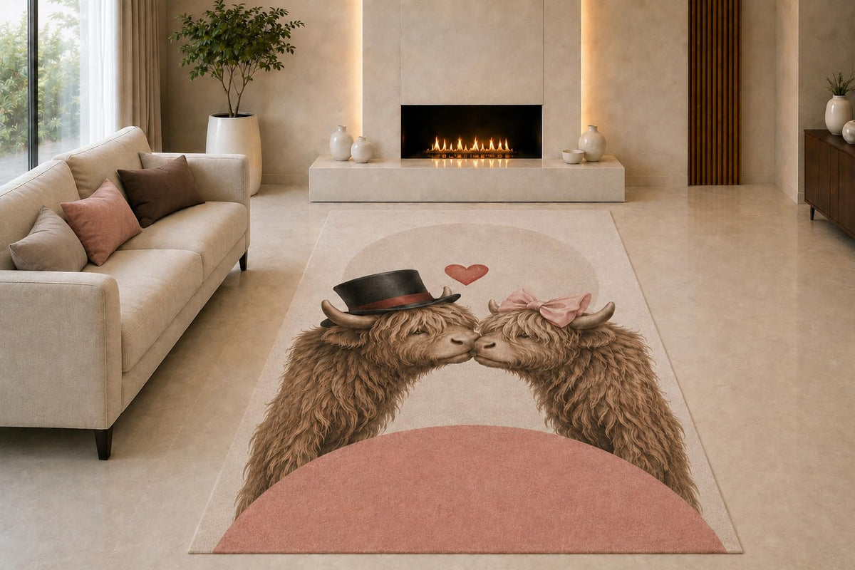 ICE ARMOR "Ultra Light Weight 5' x 7' Highland Cow Kiss Area Rug for Living Room, Bedroom and Home Office, Soft Low Pile Carpet with Non-Slip Silicone Backing, Brown and Beige