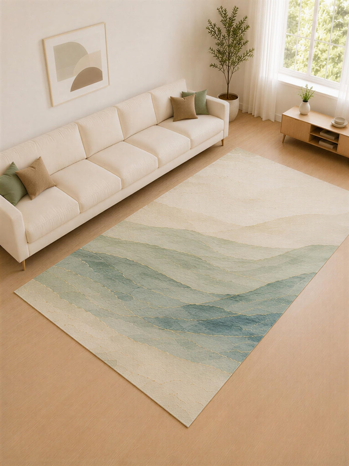 ICE ARMOR Large 6'7" x 9'10" Sage Green and Ivory Coastal Layers Area Rug for Living Room, Soft Low Pile Carpet with Non-Slip Silicone Backing, Decor for Bedroom and Home Office
