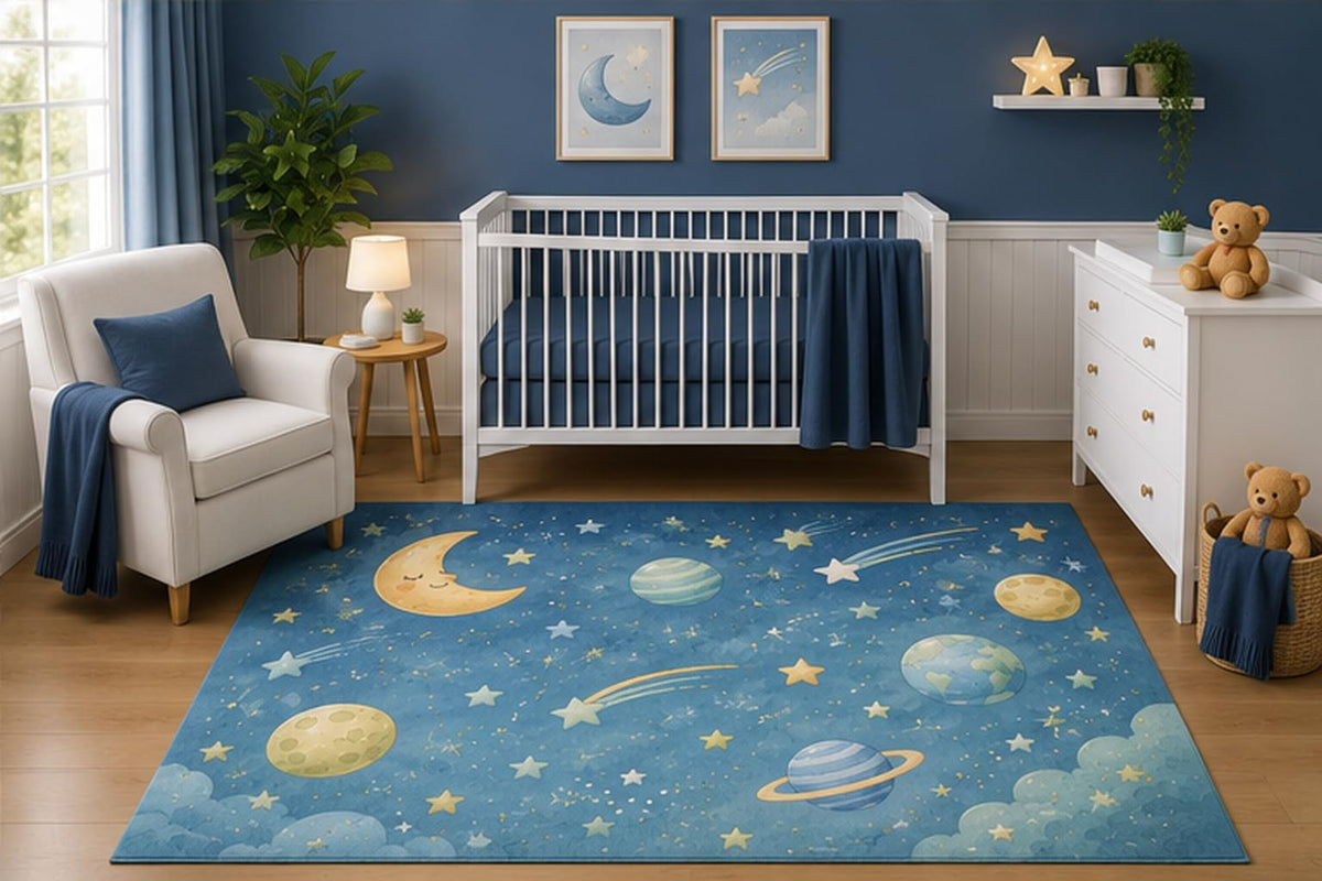 ICE ARMOR 5' x 7' Moon and Planets Area Rug for Nursery Room, Watercolor Celestial Space Stars Galaxy Night Sky Design for Baby Boy Bedroom, Non-Slip Silicone Backing Low Pile