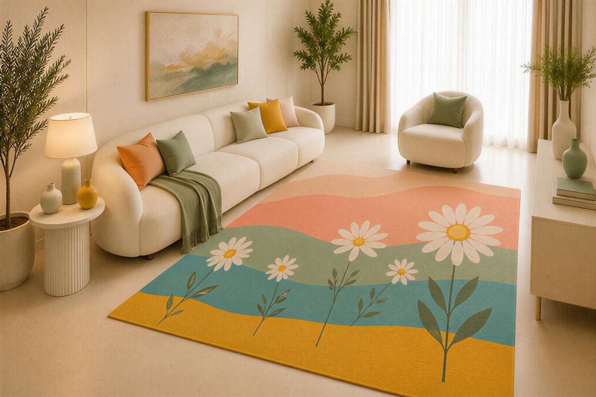 ICE ARMOR 5' x 7' Daisy Floral Area Rug, Pastel Pink Yellow Wildflower Meadow Design for Living Room Bedroom Nursery, Non-Slip Silicone Backing, Low Pile Carpet