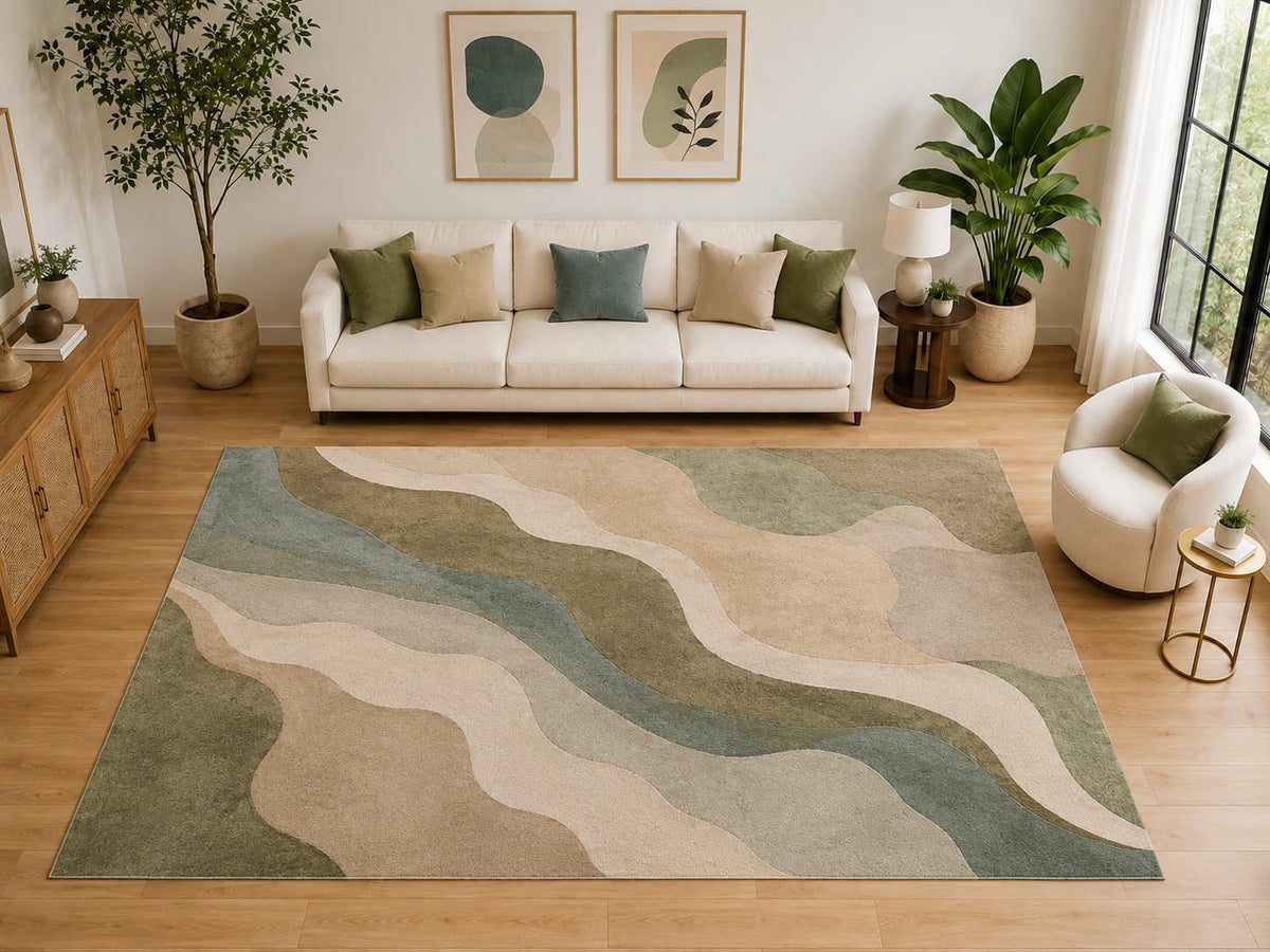 ICE ARMOR "Ultra Light Weight Large 6'7" x 9'10" Organic Wavy Abstract Area Rug, Soft Low Pile Indoor Rug and Non-Slip Silicone Backing for Living Room and Bedroom, Green