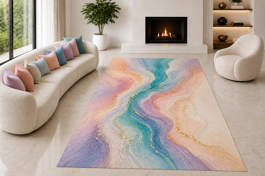 ICE ARMOR "Ultra Lightweight Large 6'7" x 9'10" Pastel Wavy Bands Area Rug for Living Room, Bedroom and Home Office, Soft Low Pile Carpet with Non-Slip Silicone Backing, Pink and Blue