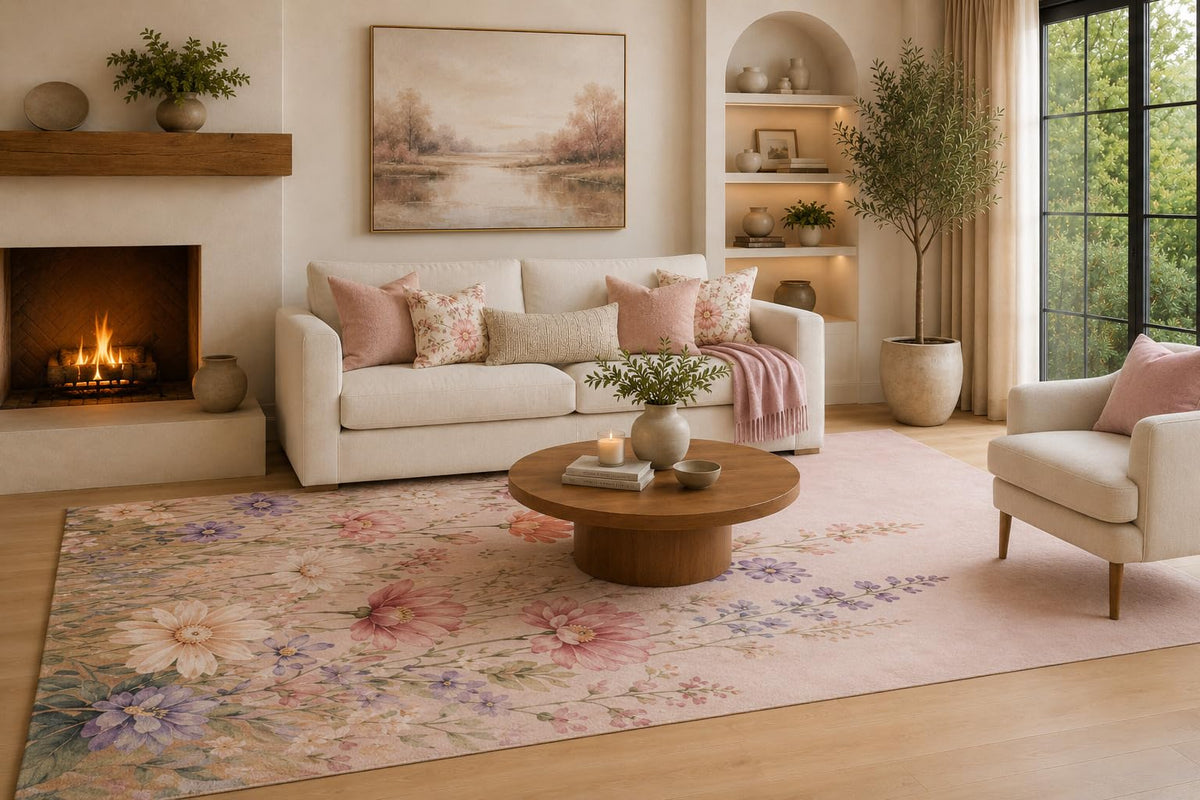 ICE ARMOR Large 6'7" x 9'10" Blush and Lavender Wildflower Meadow Area Rug for Living Room, Soft Low Pile Carpet with Non-Slip Silicone Backing, Decor for Bedroom and Home Office