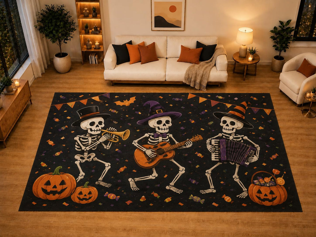ICE ARMOR "Ultra Light Weight Large 6'7" x 9'10" Skeleton Band Halloween Area Rug for Living Room Bedroom, Soft Low Pile Non-Slip Backing, Black Orange Musical Party Decor
