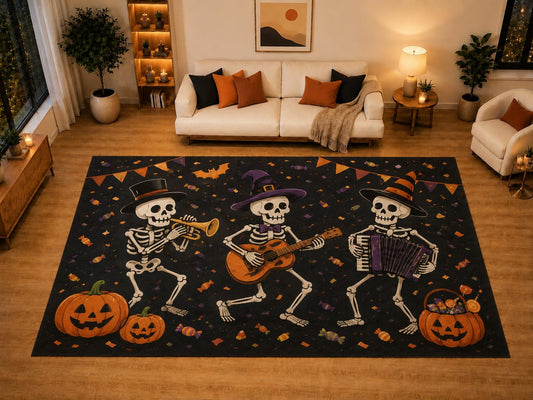 ICE ARMOR "Ultra Light Weight Large 6'7" x 9'10" Skeleton Band Halloween Area Rug for Living Room Bedroom, Soft Low Pile Non-Slip Backing, Black Orange Musical Party Decor