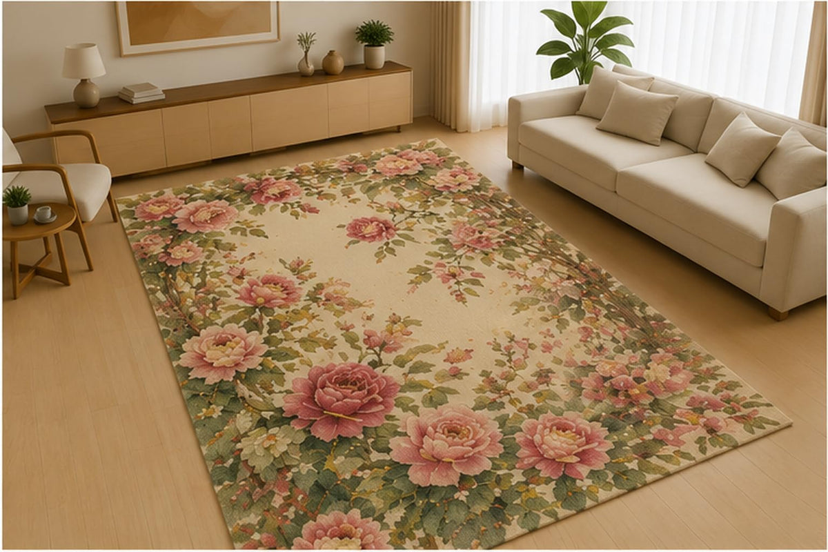 ICE ARMOR 5' x 7' Sunrise Wildflower Field Area Rug, Soft Low Pile Indoor Rug with Non-Slip Silicone Backing for Living Room, Bedroom, Dining Room, Family Room, Kids & Pets, Multicolor