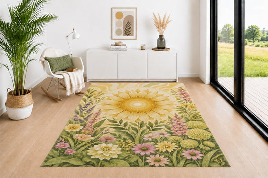 ICE ARMOR 5' x 7' Sunflower Garden Area Rug for Living Room, Soft Low Pile Indoor Rug with Non-Slip Backing, Botanical Carpet for Bedroom, Dining Room, Office, Yellow Green
