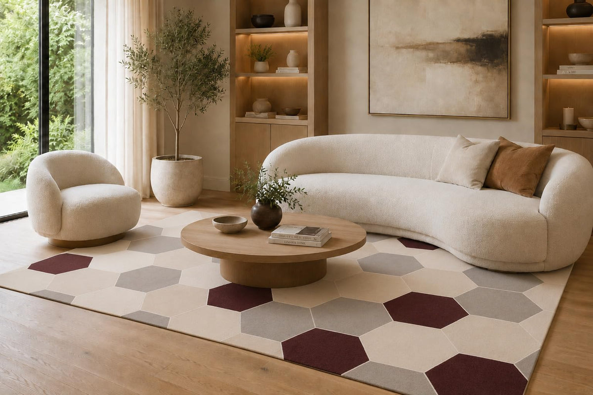 ICE ARMOR 6'7" x 9'10" Burgundy and Gray Hexagon Mosaic Area Rug for Living Room, Soft Low Pile Carpet with Non-Slip Silicone Backing, Floor Decor for Bedroom, Dining Area and Home Office