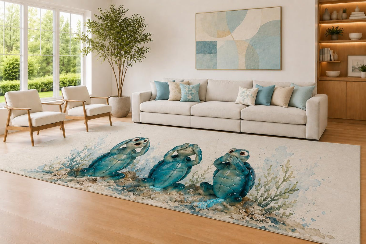 ICE ARMOR Large 6'7" x 9'10" Aqua and Cream Turtle Trio Area Rug for Living Room, Soft Low Pile Carpet with Non-Slip Silicone Backing, Decor for Bedroom and Home Office