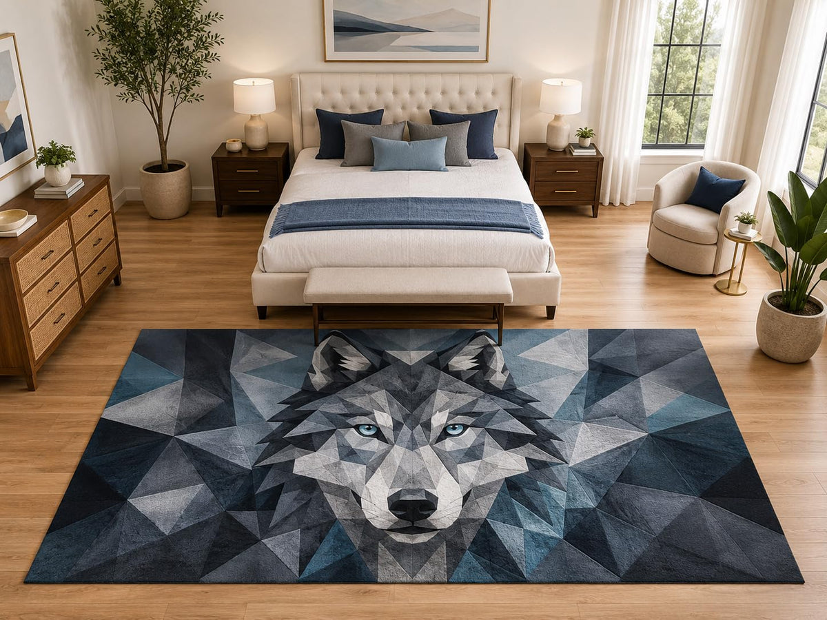 ICE ARMOR "Ultra Light Weight Large 6'7" x 9'10" Wolf Face Area Rug Carpet Soft Low Pile Indoor Rug and Non-Slip Silicone Backing for Bedroom Blue
