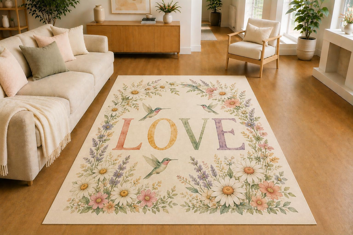 ICE ARMOR 5' x 7' Hummingbird Daisy Love Wreath Area Rug, Soft Low Pile Indoor Rug with Non-Slip Silicone Backing for Living Room, Bedroom, Nursery, Kids & Pets, Cream Pink Lavender