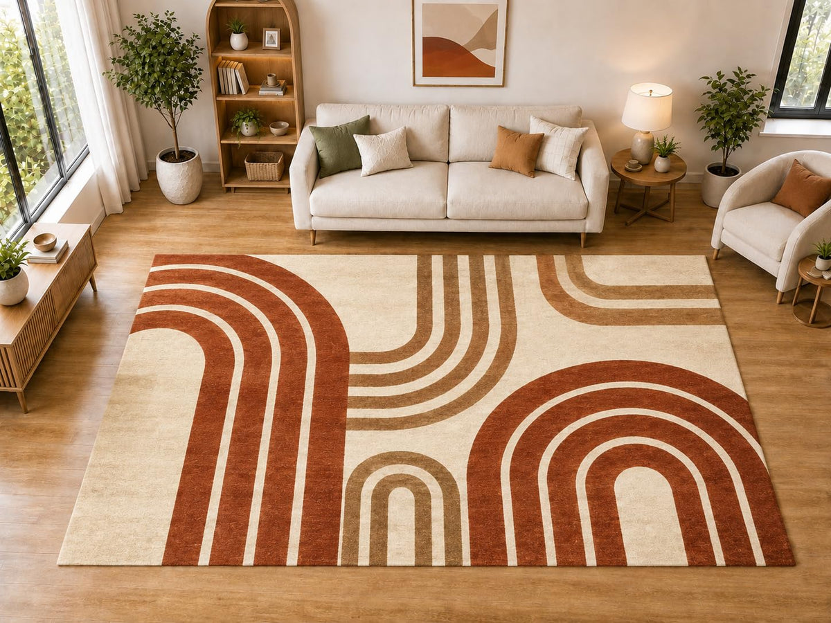 ICE ARMOR "Ultra Light Weight Large 6'7 x 9'10 Rust Retro Rainbow Arch Pattern Area Rug for Living Room Bedroom Dining Room Soft Low Pile Indoor Carpet Modern Geometric Floor Decor