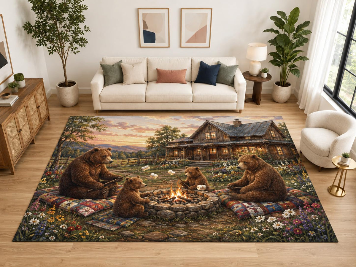 ICE ARMOR "Ultra Light Weight Large 6'7" x 9'10" Bear Campfire Area Rug, Soft Low Pile Indoor Rug, Non-Slip Silicone Backing, Family Room, Brown