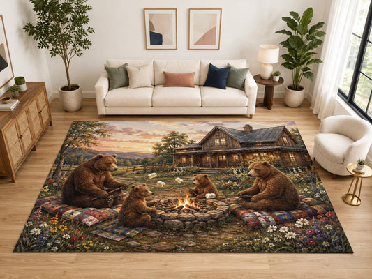 ICE ARMOR "Ultra Light Weight Large 6'7" x 9'10" Bear Campfire Area Rug, Soft Low Pile Indoor Rug, Non-Slip Silicone Backing, Family Room, Brown